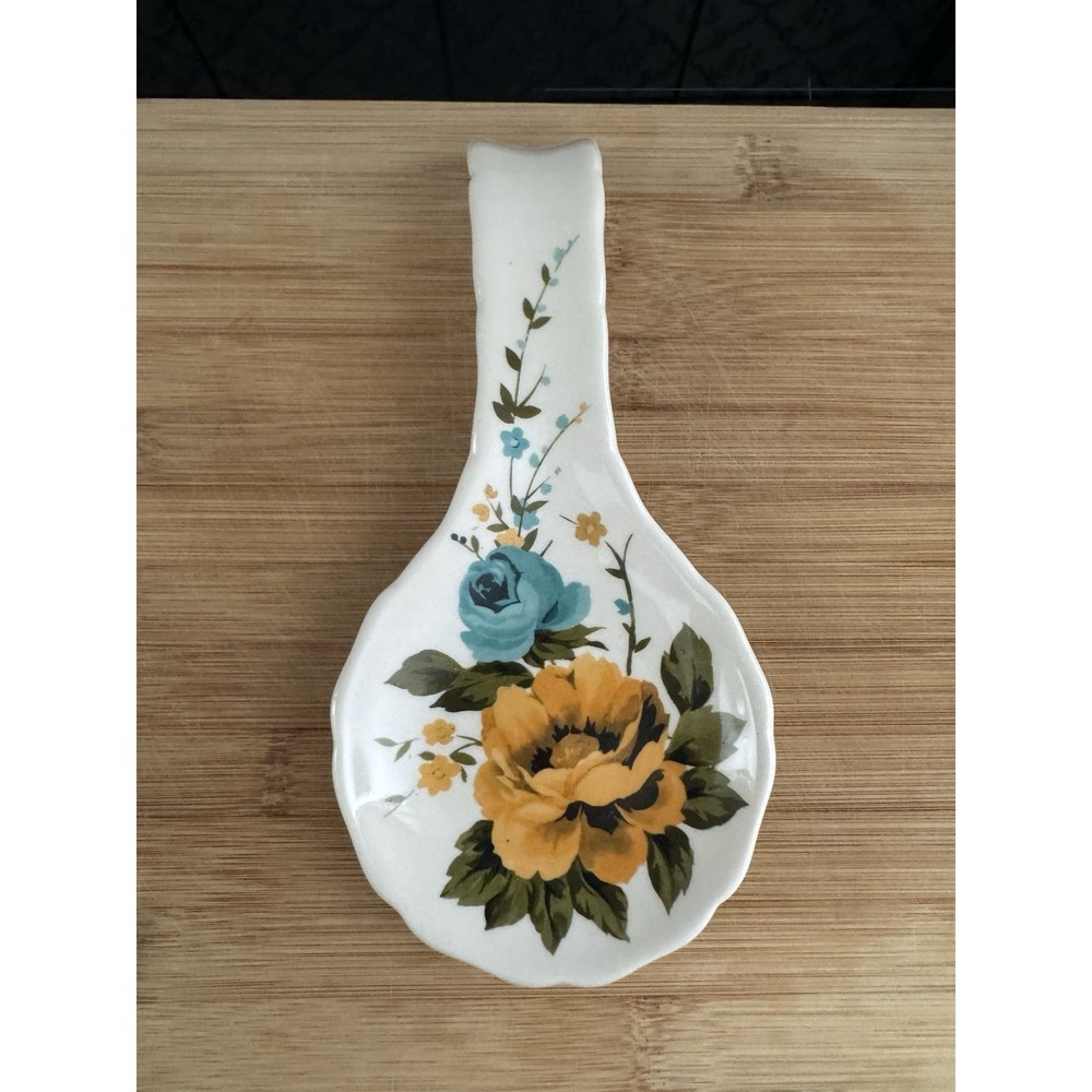 The Pioneer Woman Ceramic "Rose Shadow" Collection Spoon Rest Blue & Yellow Rose
